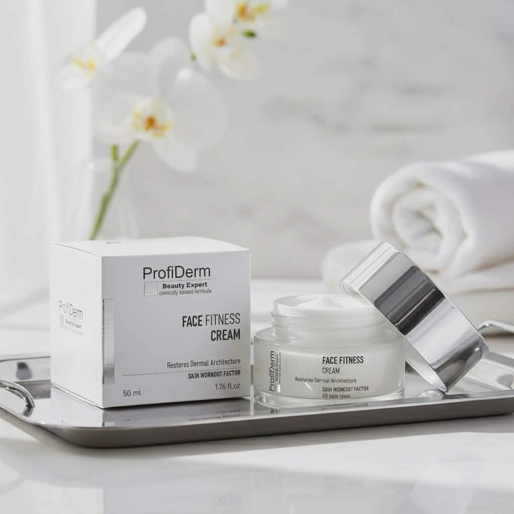 Face Fitness Cream jaekliendi pakend klaaspurgi ja hõbedase korgiga.