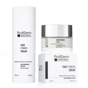 Face Fitness Cream kortsudevastane jae näokreem hõbedase korgiga valges läbipaistvas purgis ja profikogus tuubis.